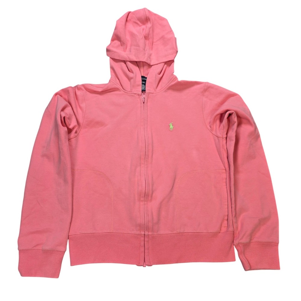 Ralph Lauren Full Zip Hoodie Girl's Sixe XL 16 Pink Lime Green Pony Logo Cotton